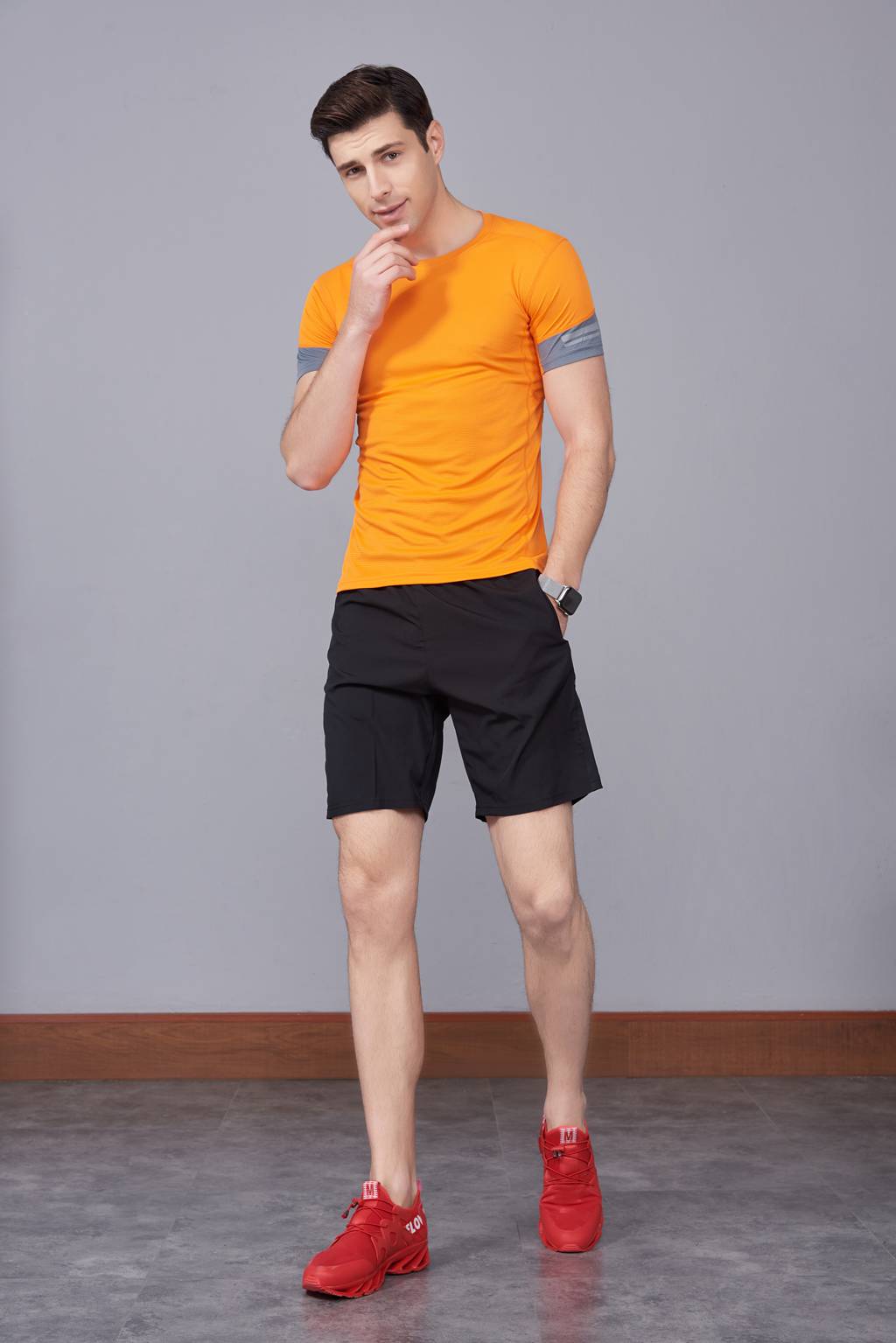 男裝新款情侶裝純色T恤 男上衣潮純棉圓領 短袖T恤 橘色