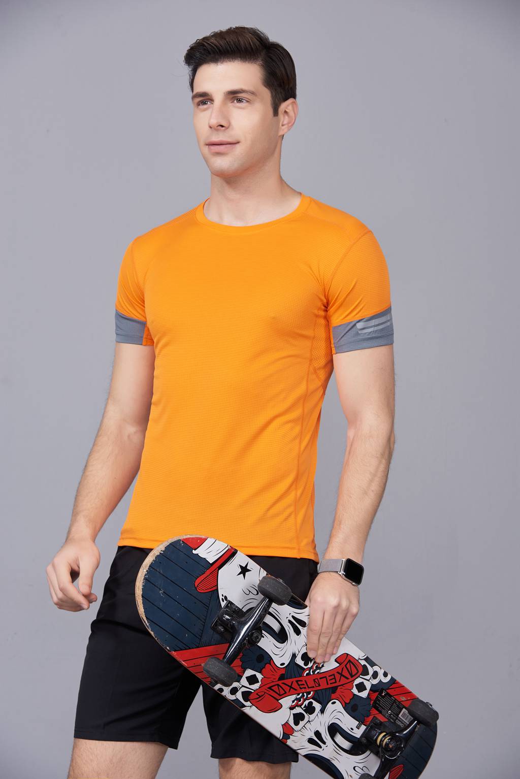 男裝新款情侶裝純色T恤 男上衣潮純棉圓領 短袖T恤 橘色